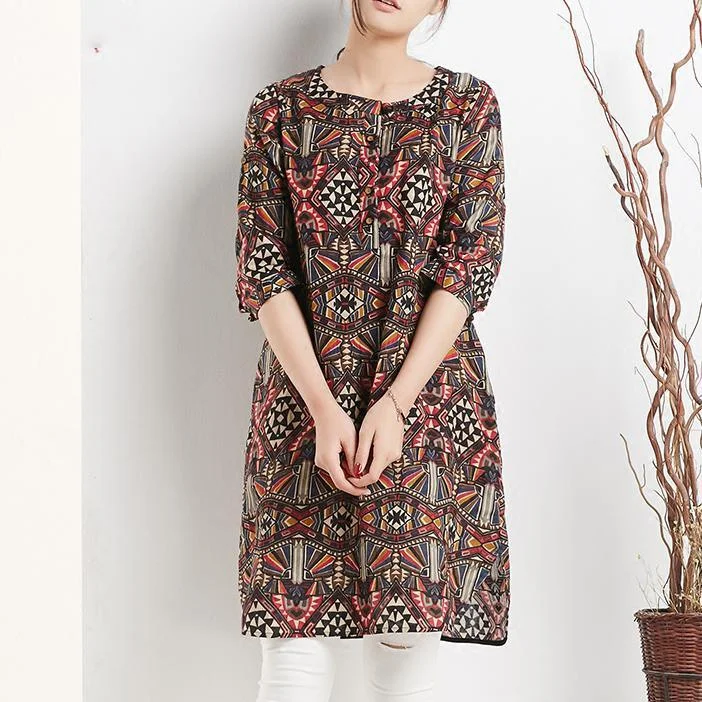 Retro print linen dresses half sleeve sundress secret face summer shift dresses