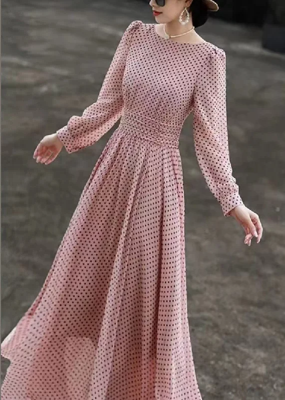 Slim Fit Pink Dot O Neck Chiffon Dresses Long Sleeve