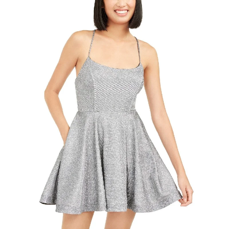 Speechless Juniors' Shimmer Lace-Back Dress Silver Size 1