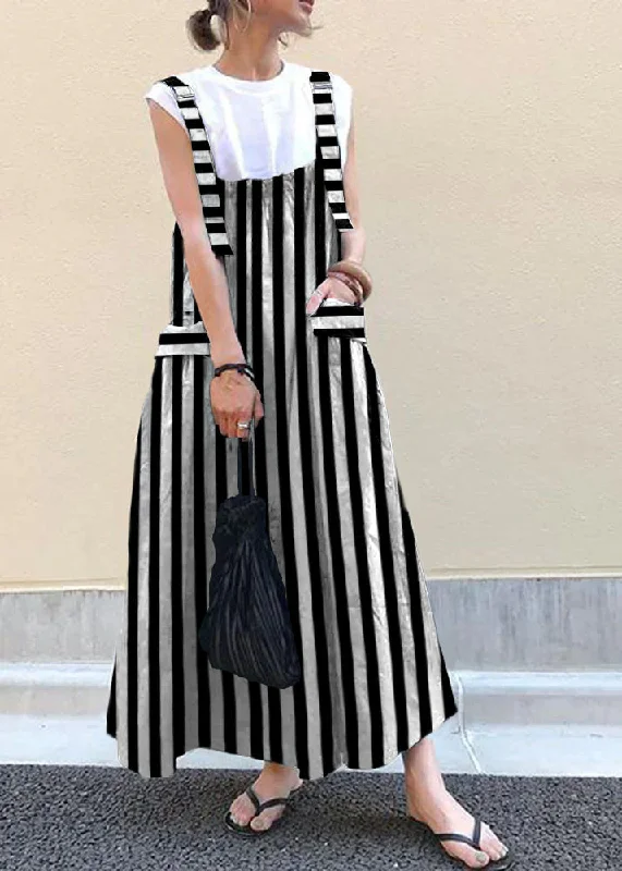 Style Black Strips Oversized Pockets Extra Large Hem Cotton Strap Dresses