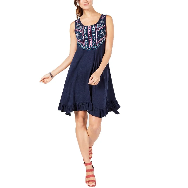 Style & Co Women's Petite Cotton Embroidered Ruffle-Hem Dress Navy Size Medium