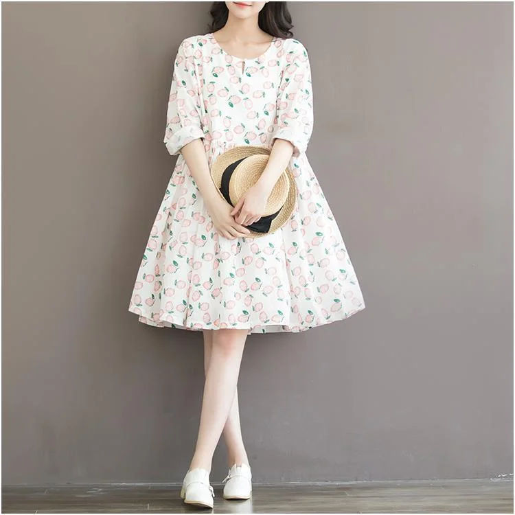 Sweet peach print cotton dress loose casual style traveling dresses