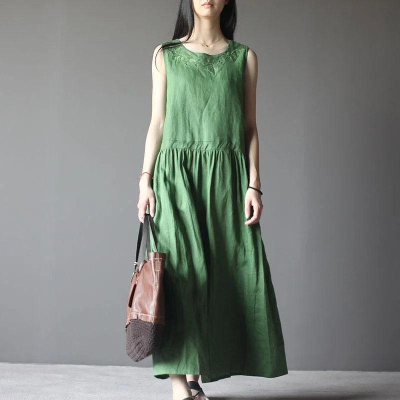 Tea Green Retro Linen Sundress Plus Size Summer Maxi Dress