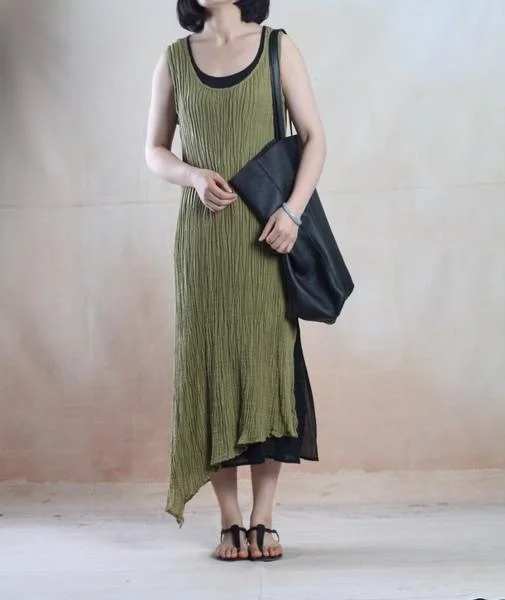 Tea green unique linen maxi dress Asymmetric casual linen dress