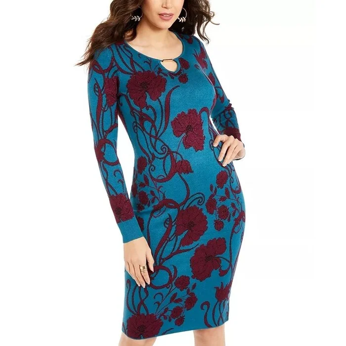 Thalia Sodi Women's Jacquard Metallic Sweater Dress Blue Size X-Small