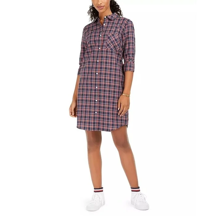 Tommy Hilfiger Women's Cotton Logo Back Plaid Shirtdress Blue Size Small