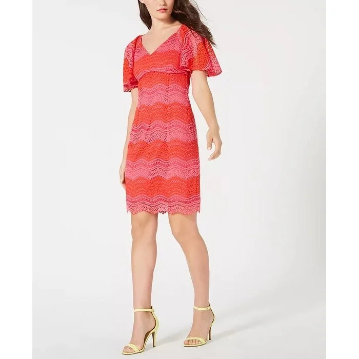 Trina Trina Turk Women's Lace Flutter-Sleeve Sheath Dress Orange Size 4