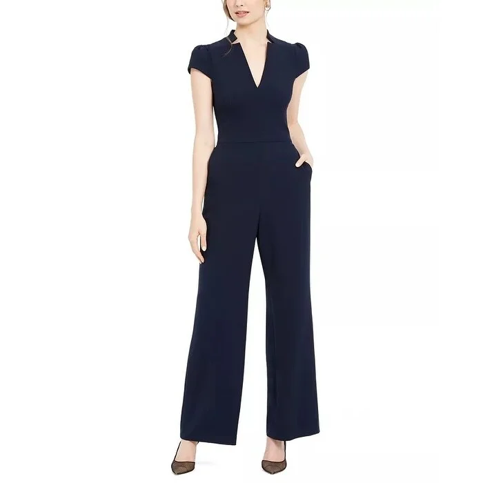 Vince Camuto Women's Notch Collar Cap Crepe Jumpsuit Blue Navy Size 14