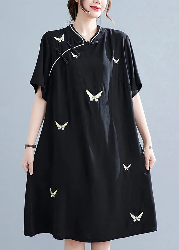 Vintage Black Stand Collar Button Butterfly Embroidered Cheongsam Dresses Short Sleeve