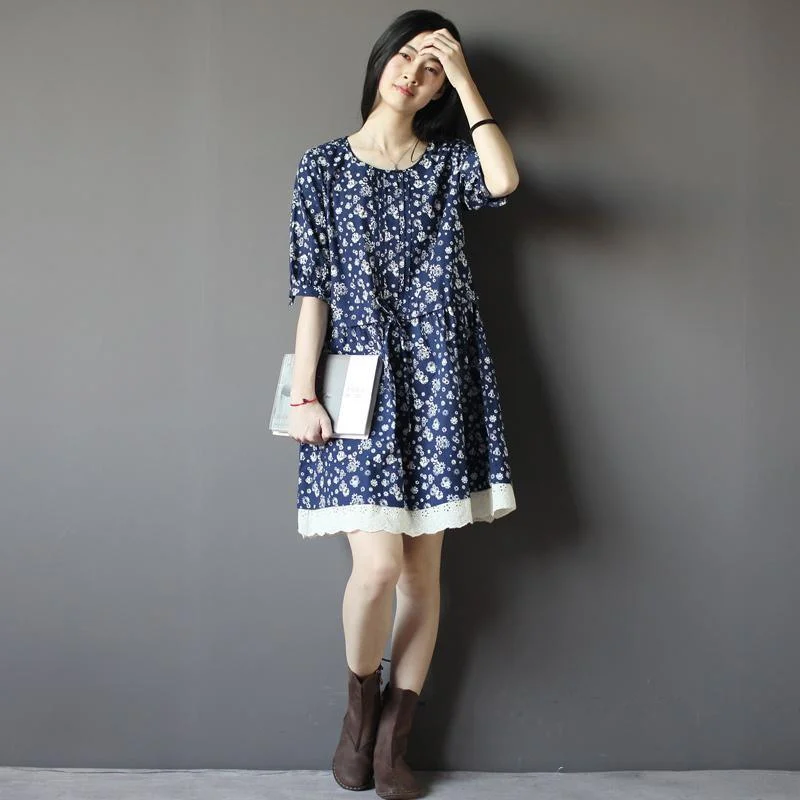 Vintage blue floral summer dress loose fitting knee dresses