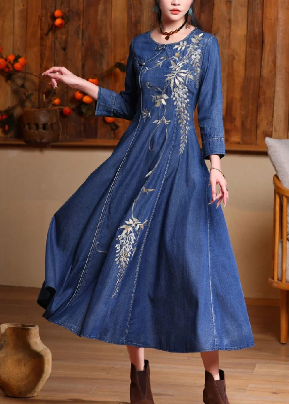 Vintage Blue O-Neck Embroidered Button Long Denim Dresses Spring