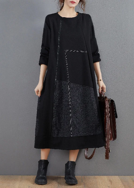 Vivid Black Clothes For Women O Neck Patchwork Long Spring Dresses