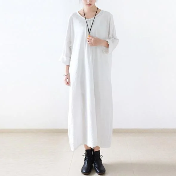 White cotton dress long sleeve linen spring dresses oversize caftans