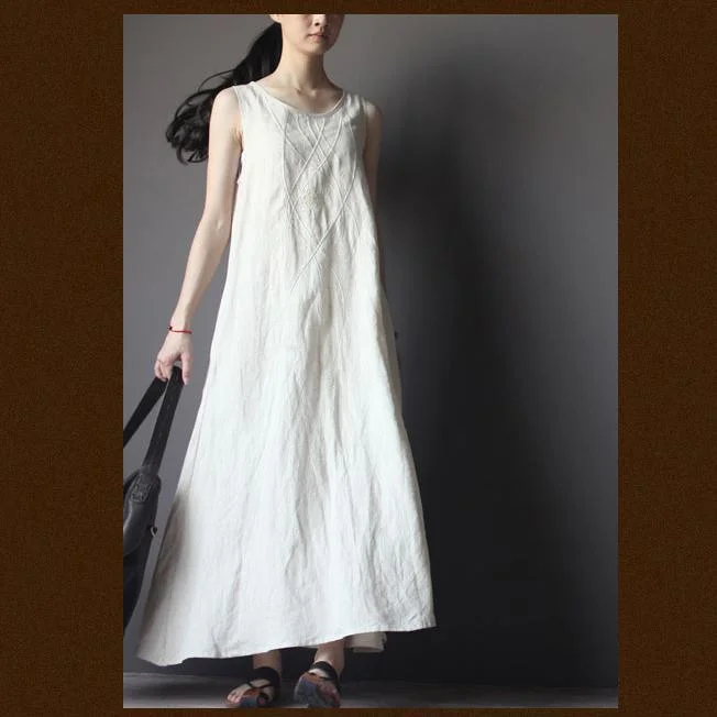 White linen sundress A line maxi dresses summer linen clothing