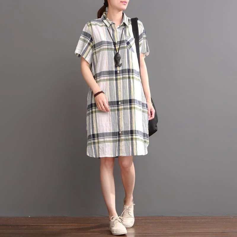 White Plaid Casual Dress Plus Size Summer Linen Shift Dresses