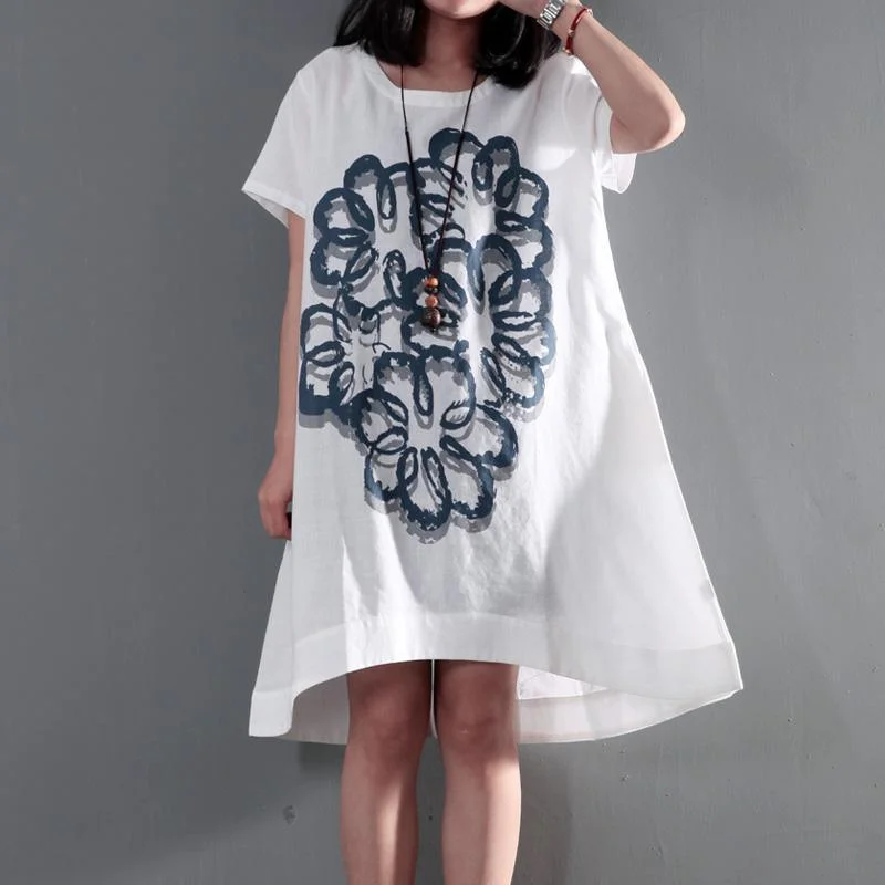 White plus size linen sundress short sleeve print summer dresses long blouse