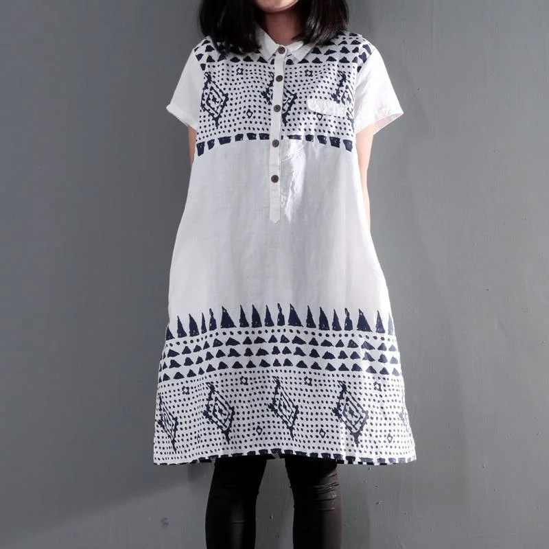 White retro summer linen dress oversize shift dresses short sleeve casual sundress