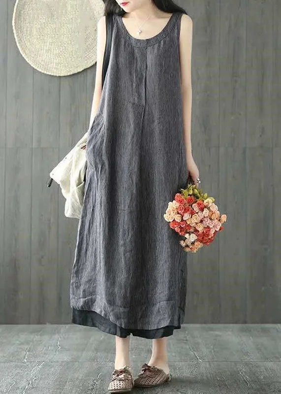 Women Black O Neck Pockets Linen Long Dresses Sleeveless