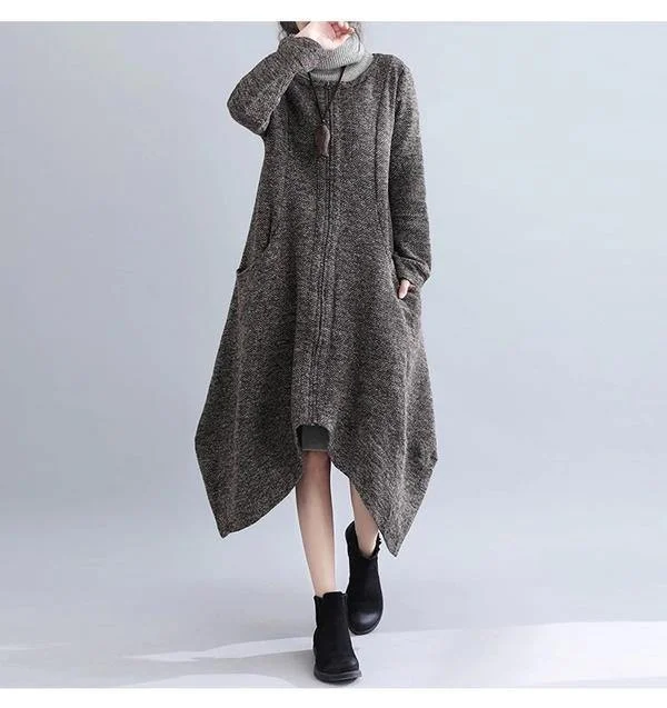 Women Casual Loose Autumn Winter Dress Elegant Zipper Clothes Ladies Dresses