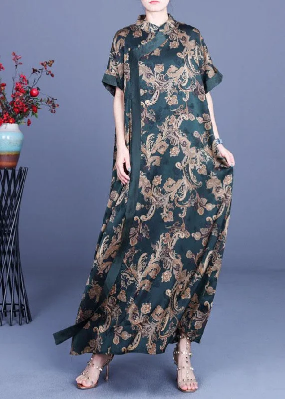 Women Green Print Silk Oriental Vacation Dresses Summer