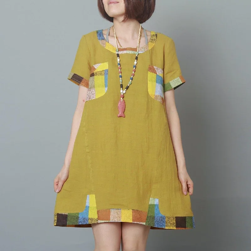 Yellow summer linen dress materniy dress pure linen shift sundress